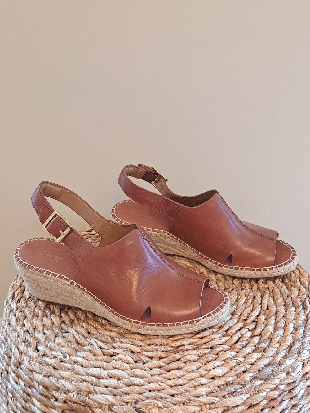 Clarks Artisan Womens Petrina Mera Brown Leather Wedge Espadrille Sandals 9